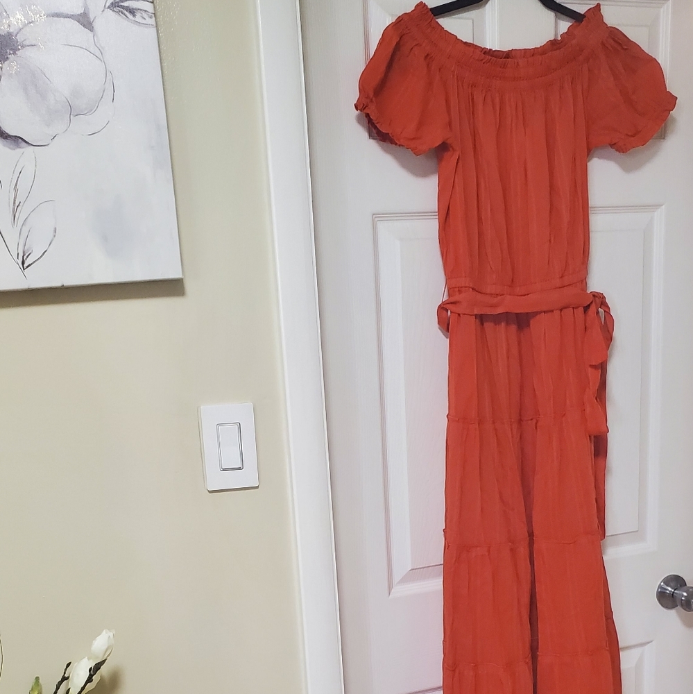 LOFT Coral-Orange Off-Shoulder Maxi Dress